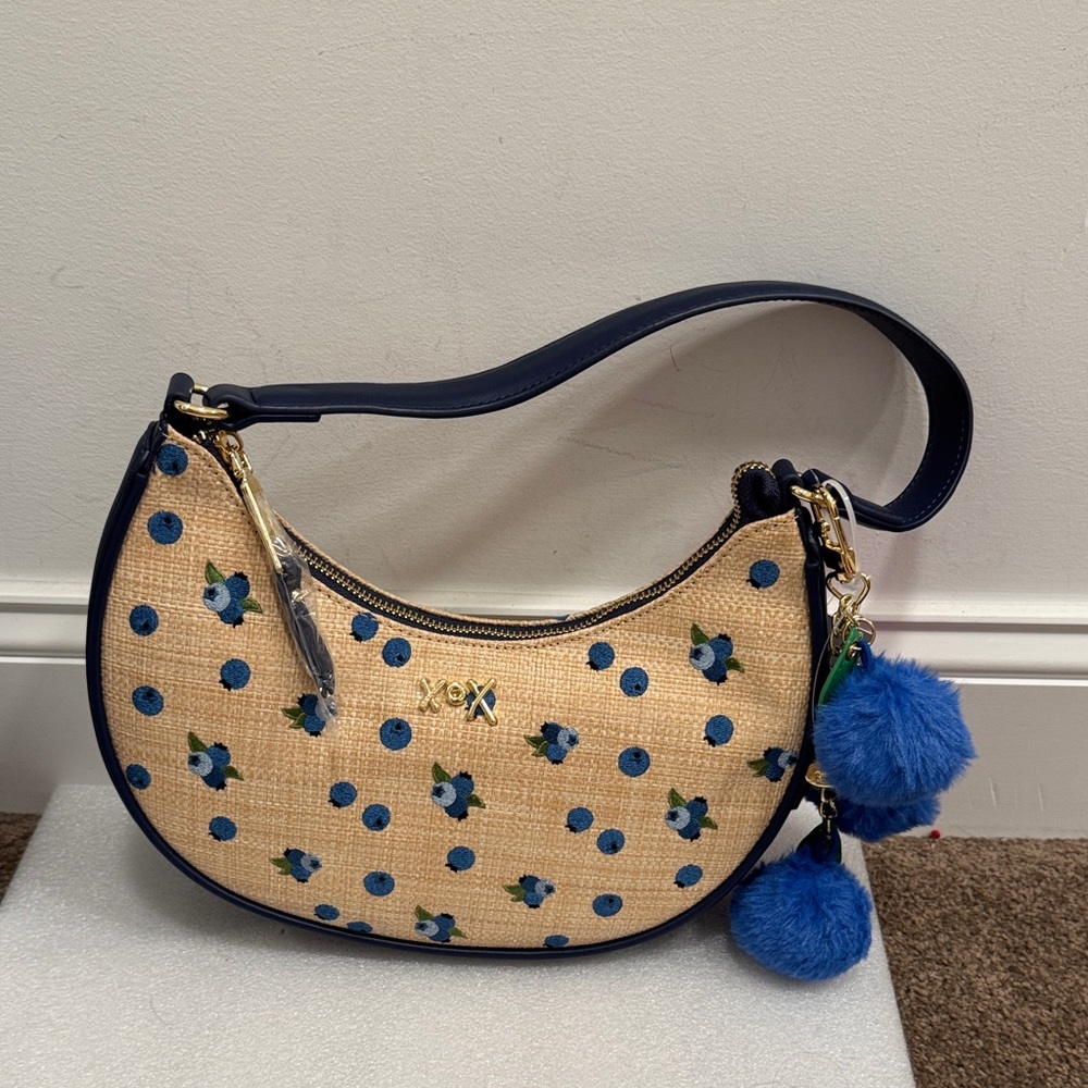 Betsey Johnson luv Betsey blueberry print shoulder bag purse fuzzy charms NWT